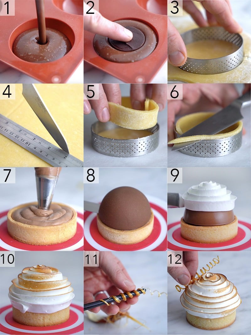 A photo showing steps on how to assemble a chocolate tart.