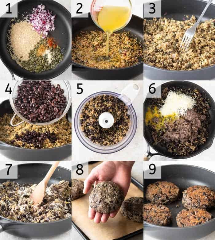 A photo showing steps on how to make a veggie burger.