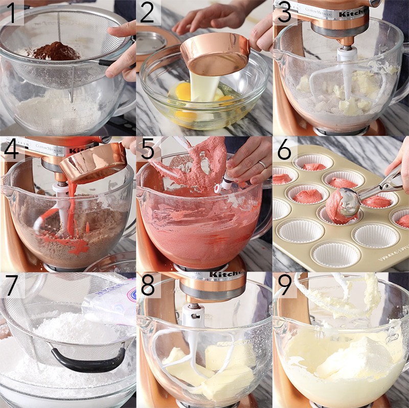 A photo showing steps on how to make red velvet cupcakes.