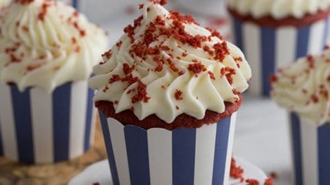 A photo of a group of red velvet cupcakes with a big dollop of cream cheese frosting.