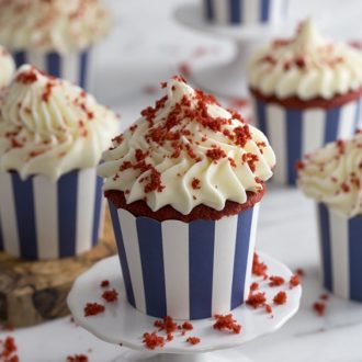 A close up photo of a red velvet cupcake sprinkled with crumbs on top of the frosting.