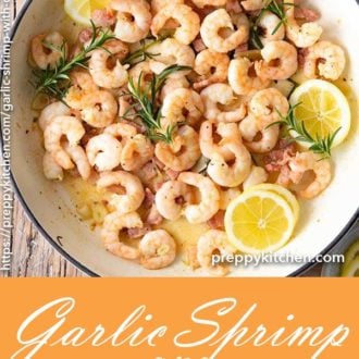A clipping of freshly made garlic shrimp with crispy pancetta.