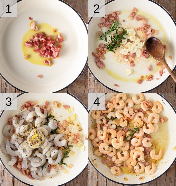 A photo showing steps on how to make shrimp and pancetta.