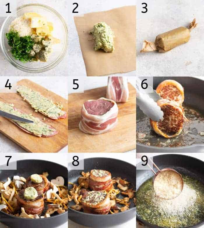 A photo showing steps on how to make bacon wrapped filet mignons.