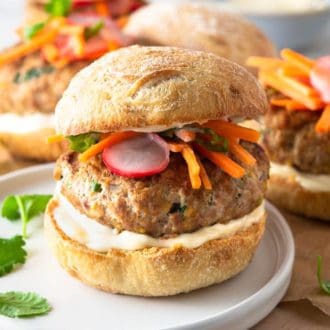 A photo of a Thai turkey burger on a plate with spicy mayo and carrot-radish slaw.