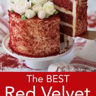 red velvet layer cake with cream cheese frosting on a cake stand