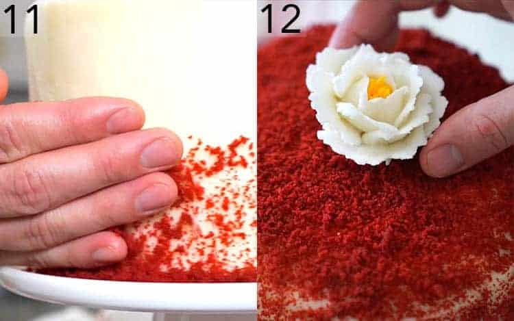 Buttercream flowers getting placed onto a red velvet cake.