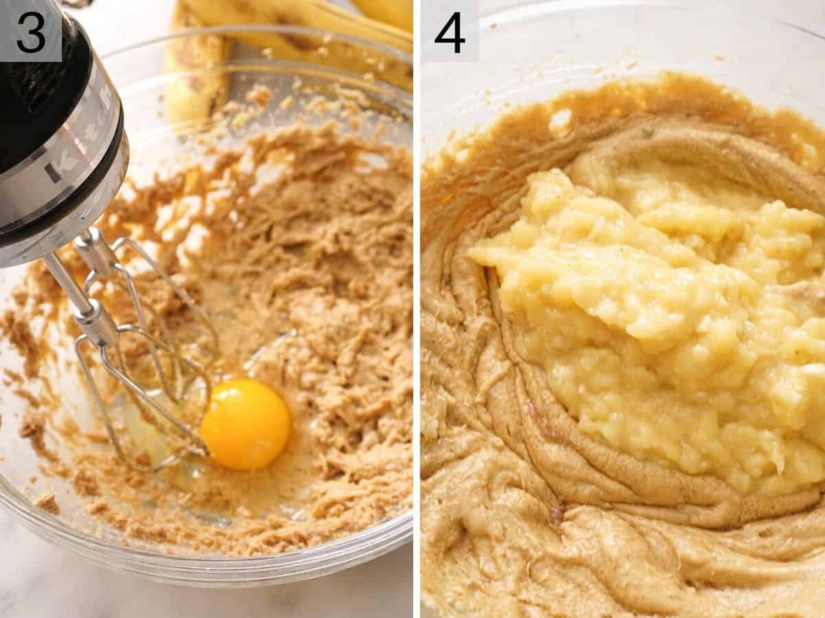 Egg and banana getting mixed into a banana bread batter