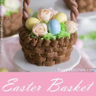 Pinterest graphic of an Easter basket cupcake filled with chocolate eggs and icing flowers on a mini cake stand.