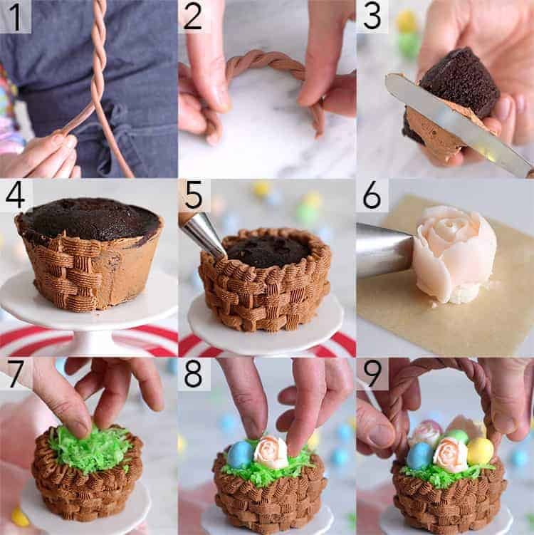 A collage showing the steps to make Easter basket cupcakes