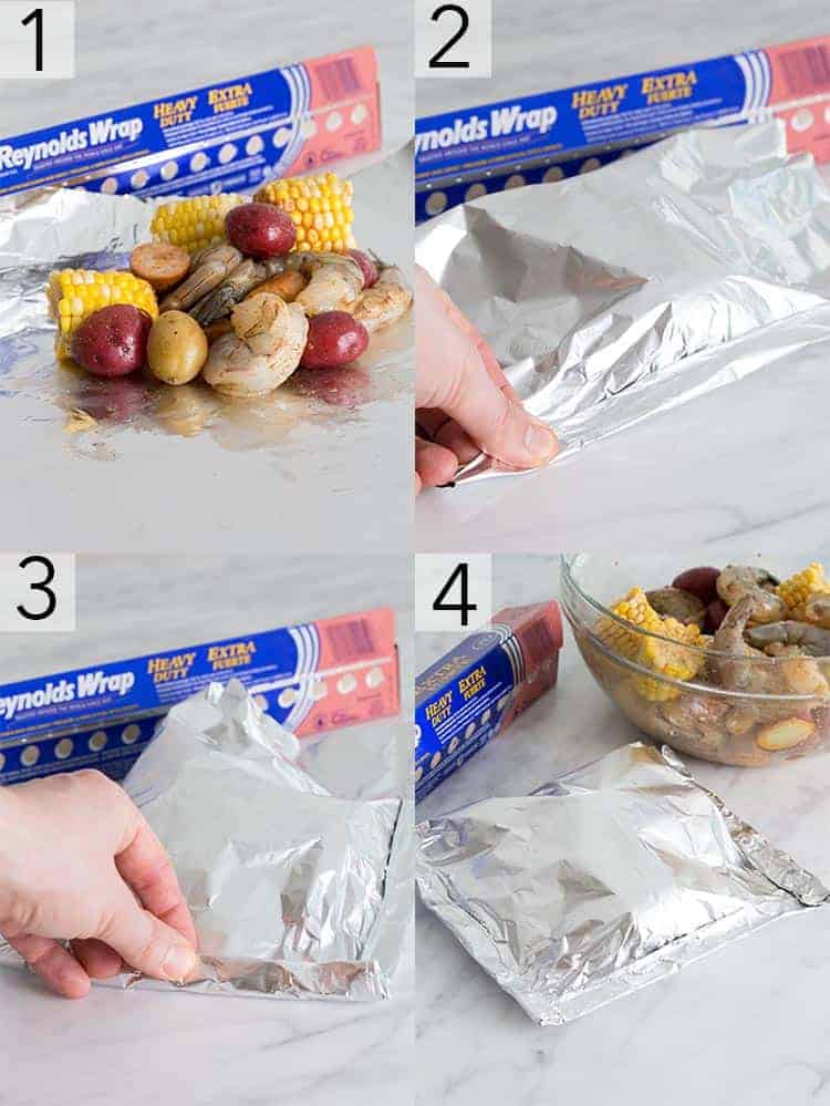A photo collage showing the steps to make foil packets for the shrimp boil