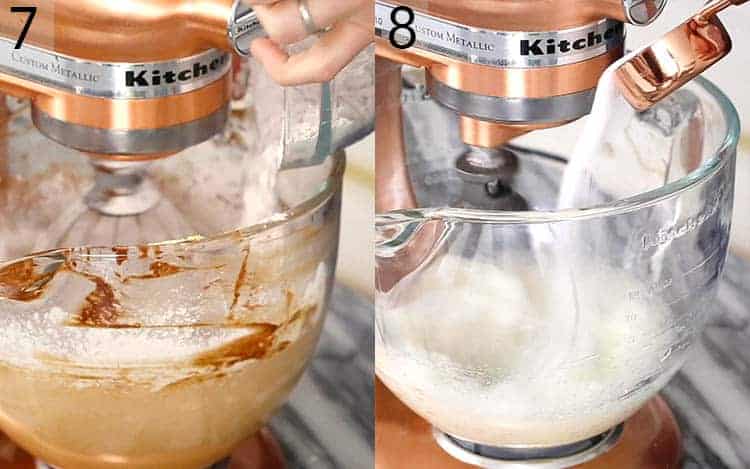 Two photos showing German chocolate cake batter getting made with flour and egg whites.