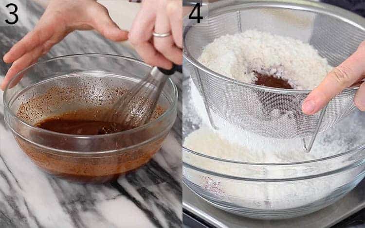 Two photos showing chocolate melting and dry ingredients getting sifted