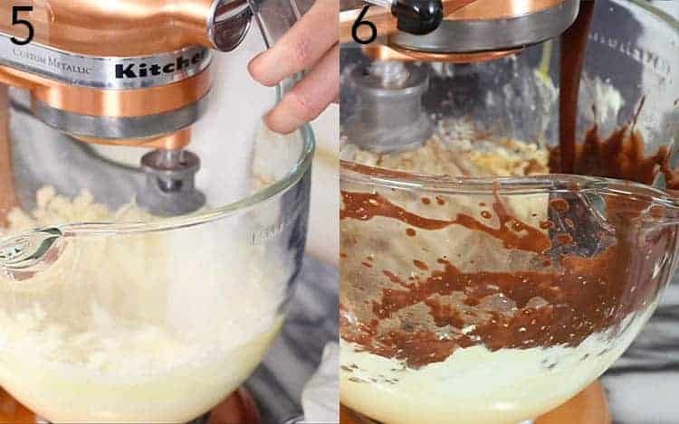 Butter getting mixed with sugar then chocolate.