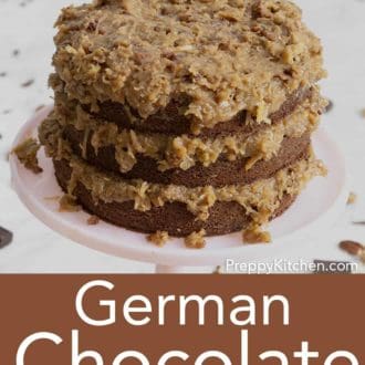 three layer german chocolate cake on a cake stand