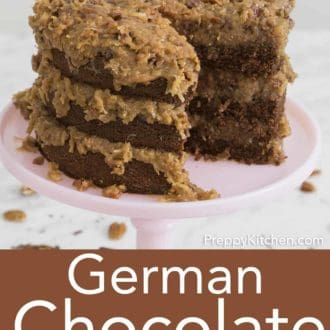 three layer german chocolate cake on a cake stand