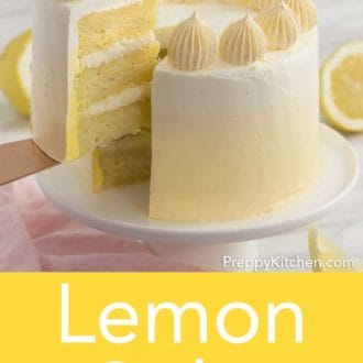 three layer lemon cake with lemon buttercream on a cake stand