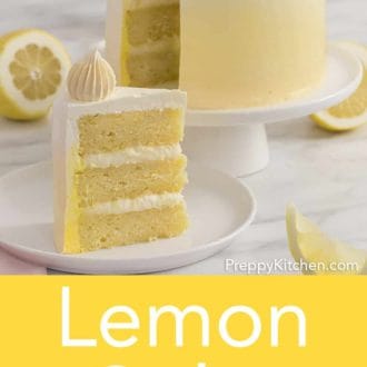 three layer lemon cake with lemon buttercream on a cake stand