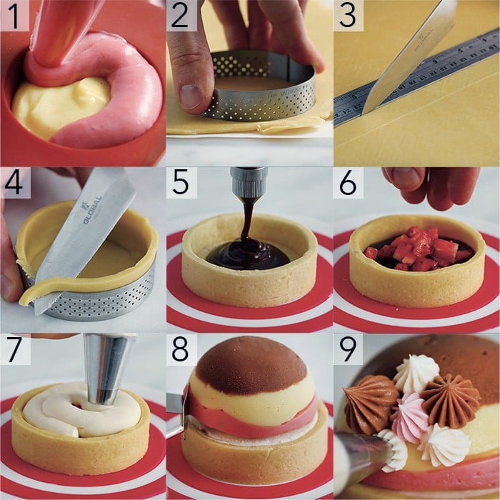 A photo showing steps on how to assemble a Neapolitan tart.