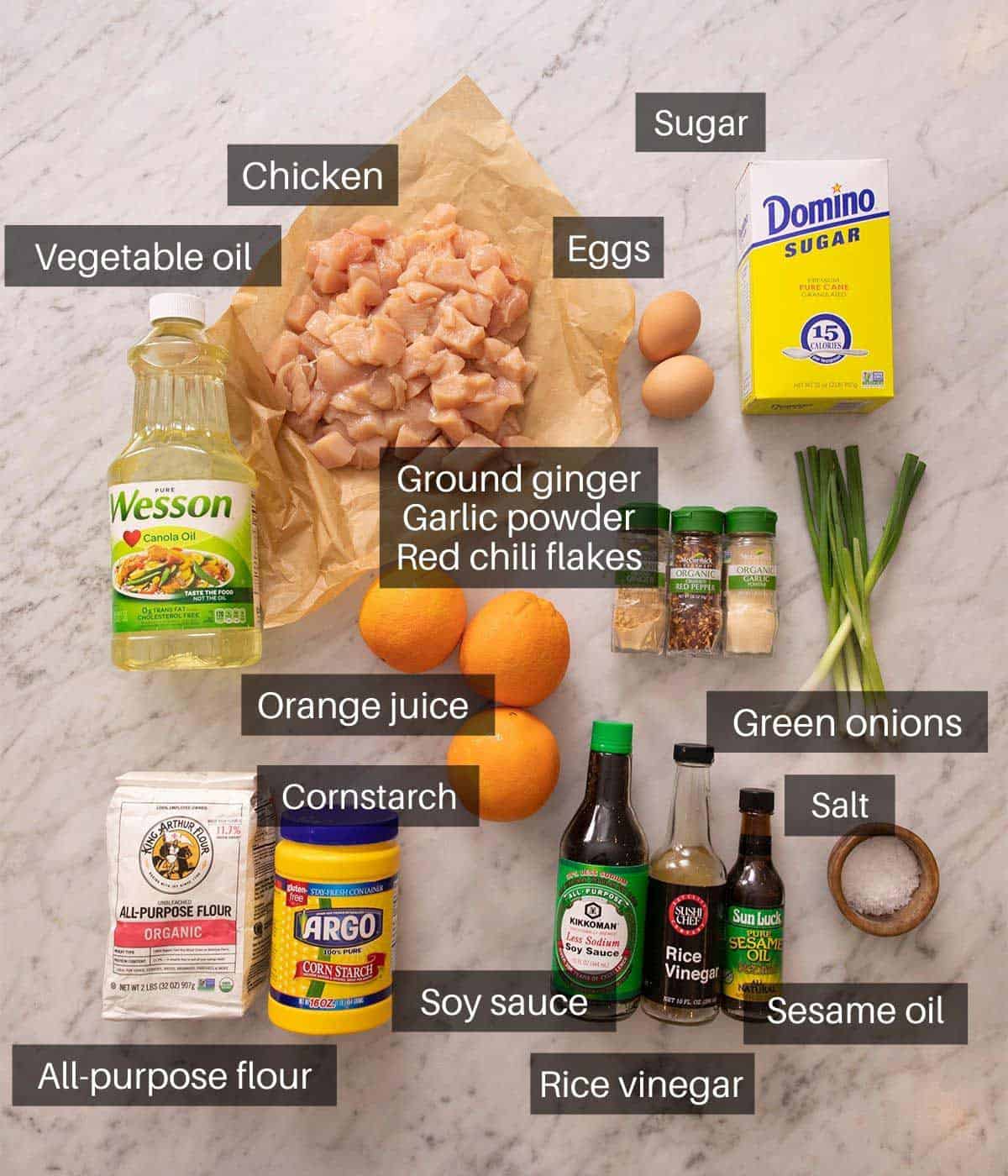 An overhead shot of all the ingredients you need to make orange chicken