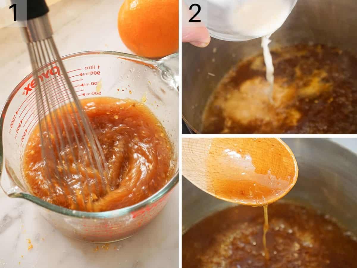 Three steps showing how to make sauce for orange chicken