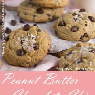 A pinterest image showing a group of peanut butter chocolate chip cookies next to a glass of milk