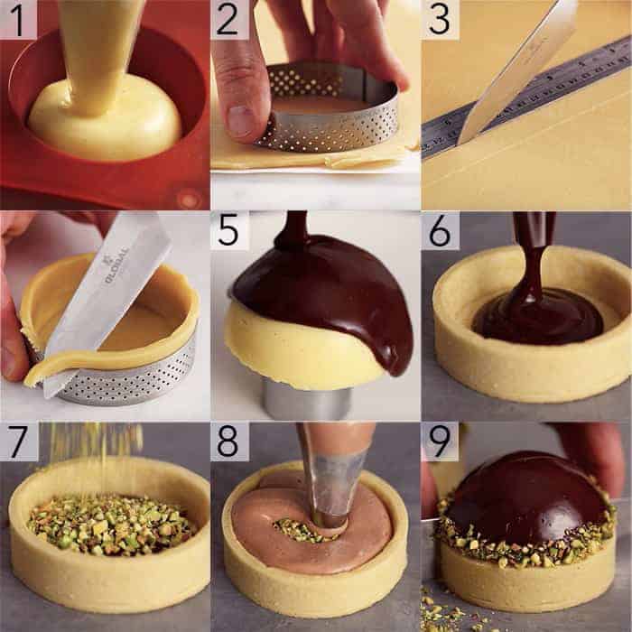 a photo collage showing the steps to make a pistachio tart