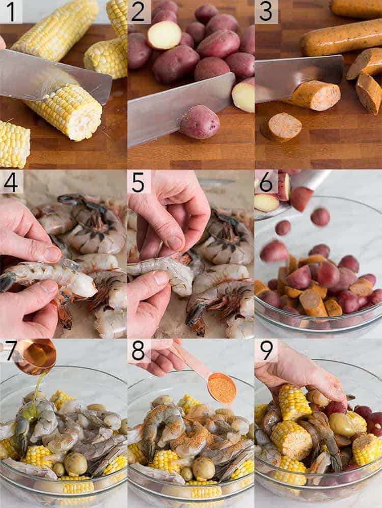 a photo collage showing the steps to make a shrimp boil