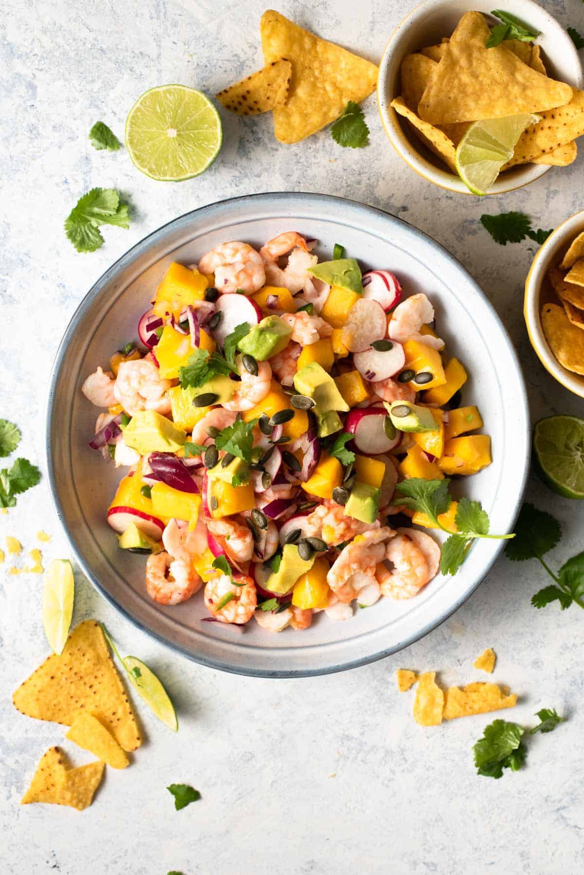 An overhead shot of shrimp ceviche in a bowl with tortilla chips