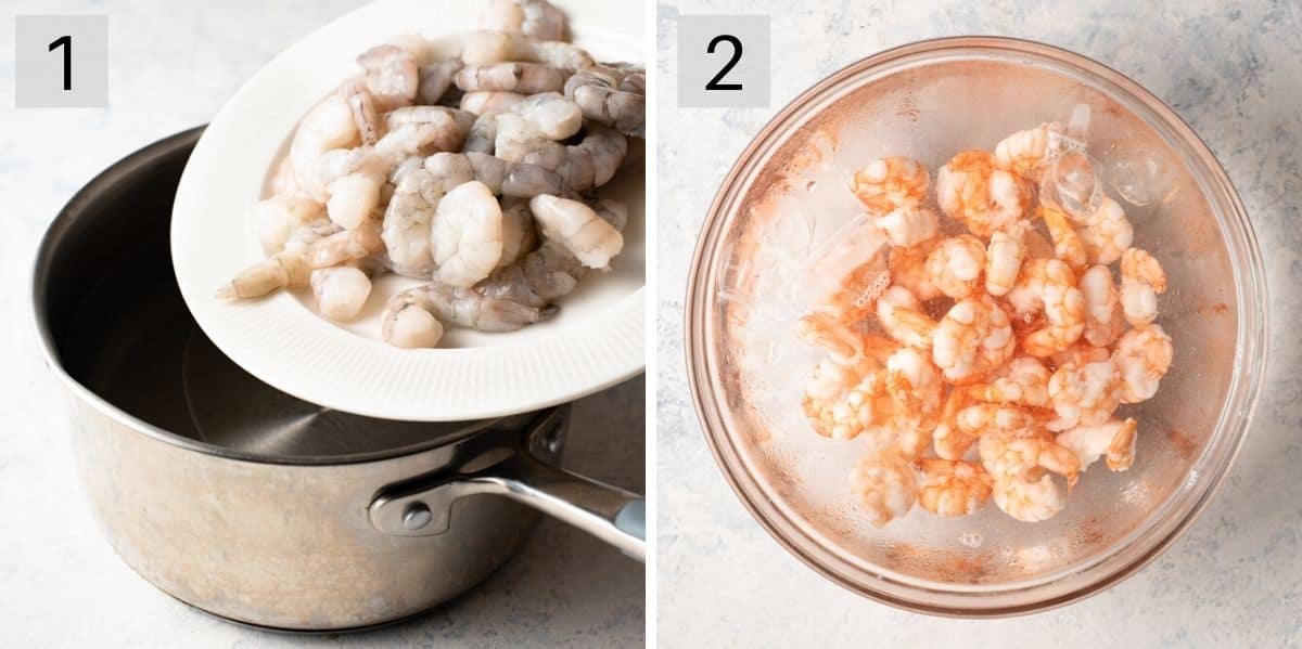 Two photos showing how to prepare shrimp