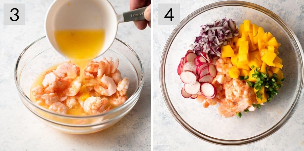 Two photos showing how to marinate and assemble shrimp ceviche