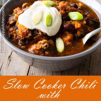 A pinterest image showing Slow Cooker Sweet Potato chili in a bowl