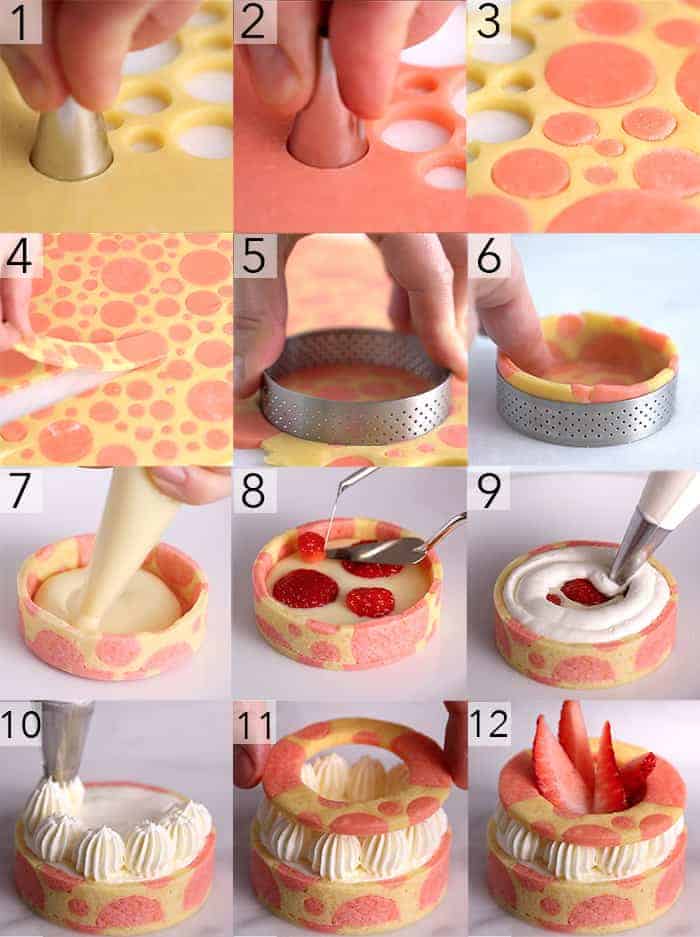 a photo grid showing the steps to make a strawberry tart with dots.
