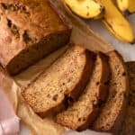 A close up of slices of banana bread