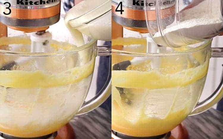 Lemon cake batter being made in a copper stand mixer