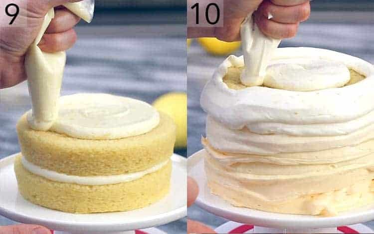 A lemon cake being assembled and frosted