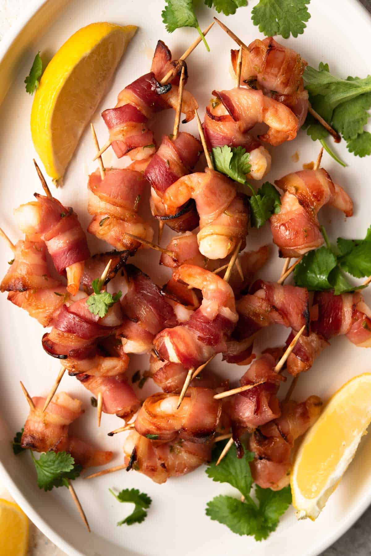 A close up of bacon wrapped shrimp