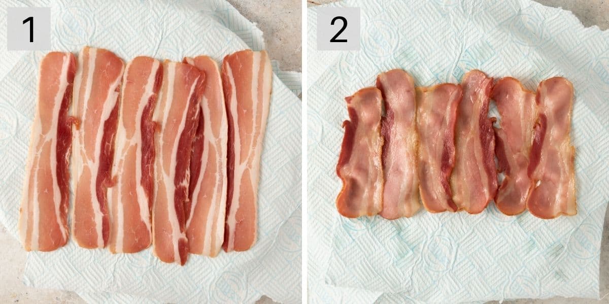 Two photos showing how to par-cook bacon