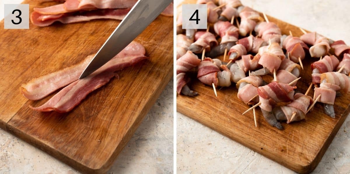 Two photos showing how to wrap bacon around shrimp