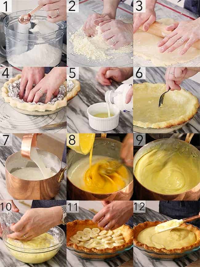 A photo collage showing the steps to make banana cream pie