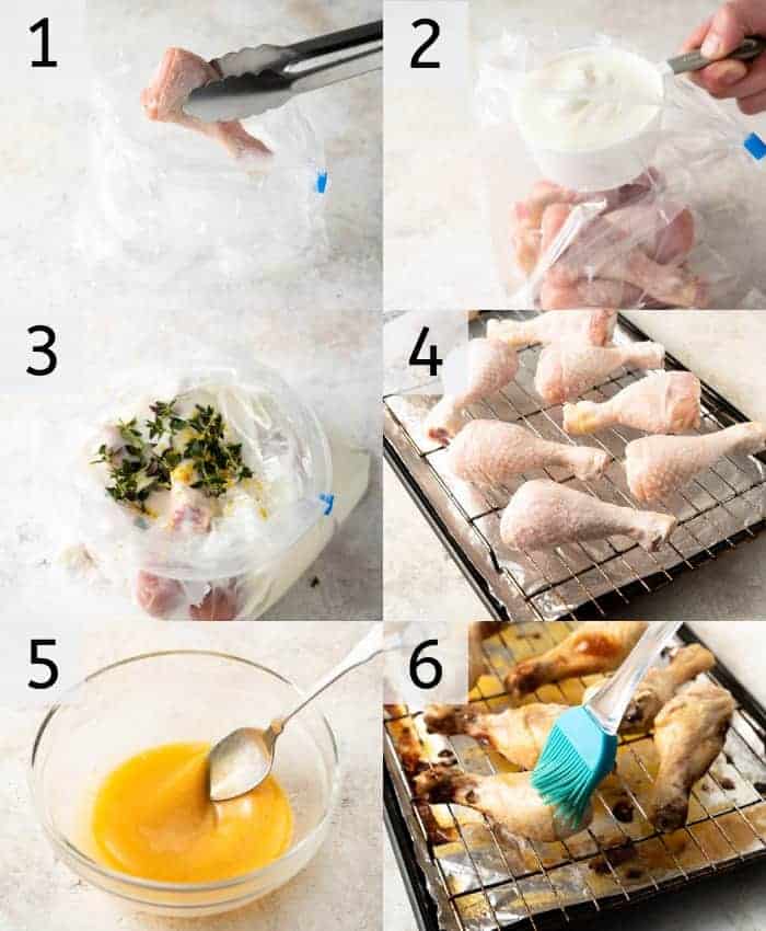 Step by step photos for making baked chicken legs with a buttermilk marinade