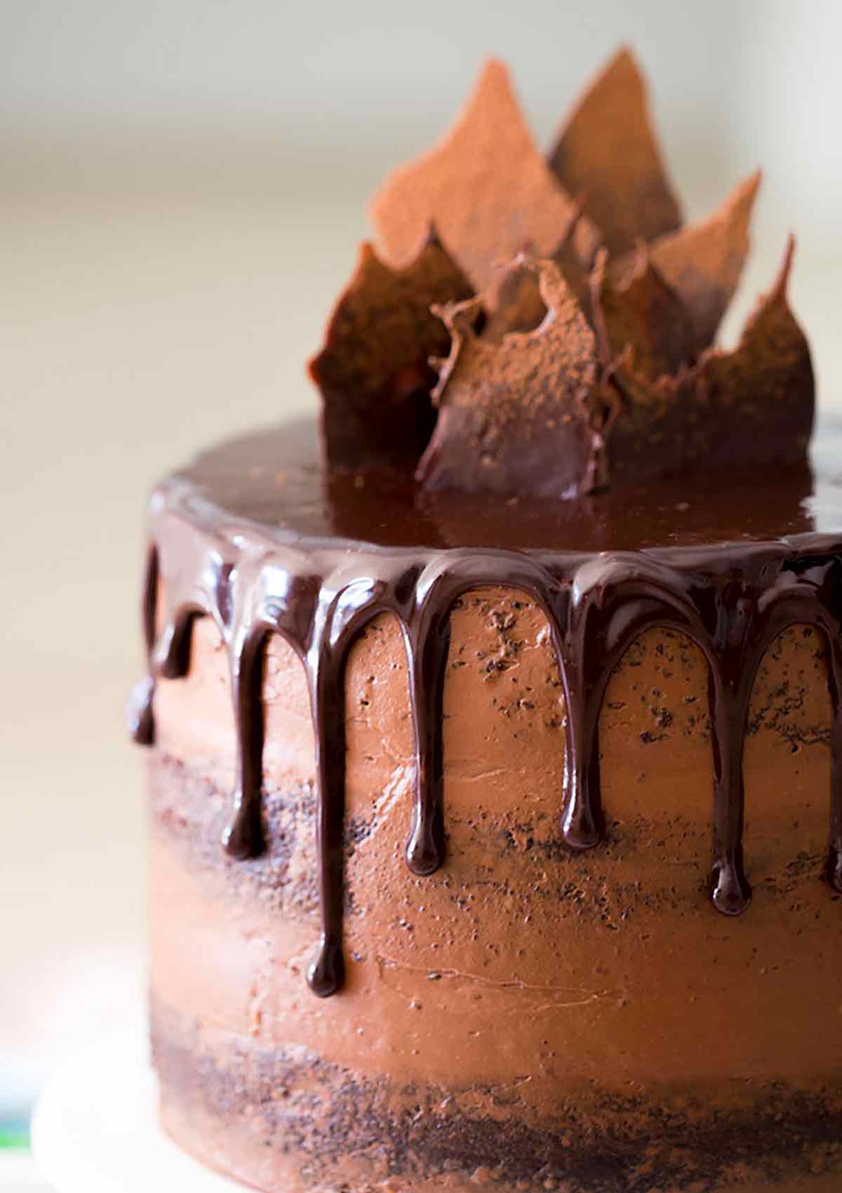 Chocolate zucchini cake with chocolate dripping over the top.