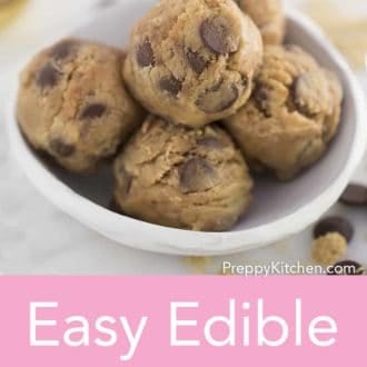 Pinterest graphic of scoops of edible cookie dough in a white bowl.