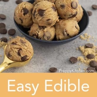 Pinterest graphic of scoops of edible cookie dough in a bowl with chocolate chips scattered around.