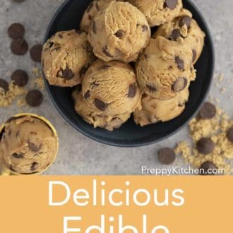 Pinterest graphic of an overhead view of scoops of edible cookie dough in a bowl.