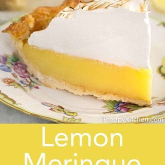 piece of lemon meringue pie on a floral plate