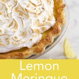 lemon meringue pie in a glass pie dish