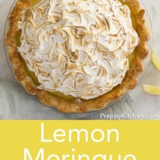 lemon meringue pie in a glass pie dish
