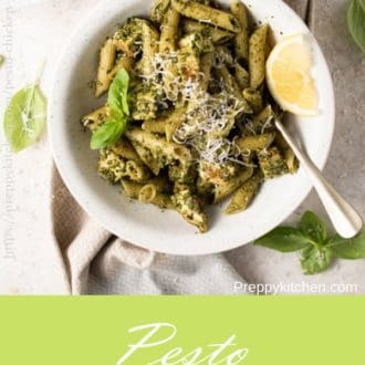 A collage image for pesto chicken pasta