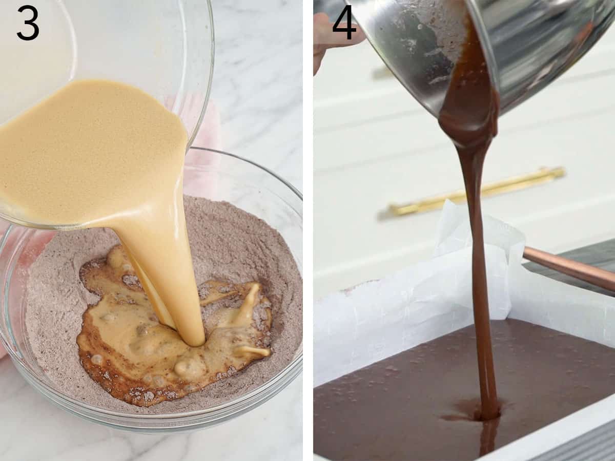 Chocolate sheet cake batter pouring into a prepared 9x13 inch pan.